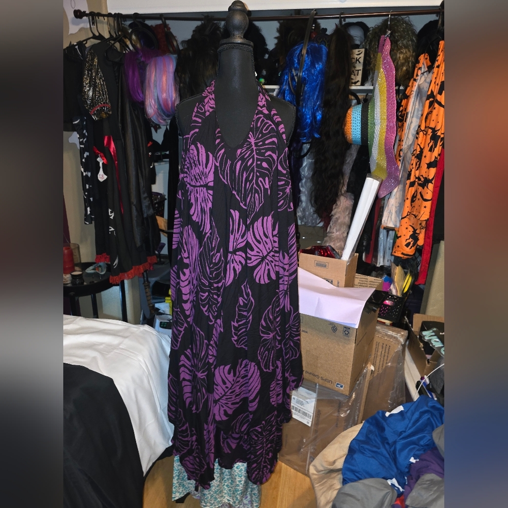 Purple and Black Leaf Print Halter Dress